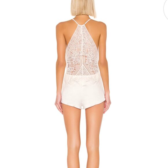 Genevive Charmeuse Lace Romper in Antique Ivory - Picture 3 of 9